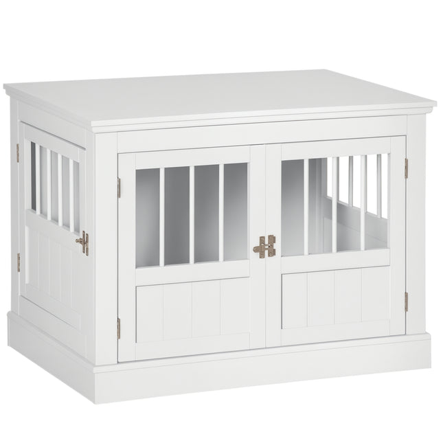 Furniture Style Dog Crate End Table – Wooden Pet Kennel with Triple Doors – White Decorative Dog House for Small Dogs – Multi-Functional Side Table