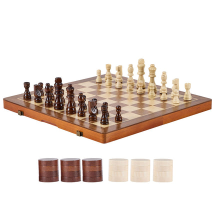 VEVOR 15" Magnetic Wooden Chess Set – 2-in-1 Chess & Checkers Combo – Folding Board with Storage Slots – Includes 2 Extra Queens – Professional Travel Set for Kids & Adults