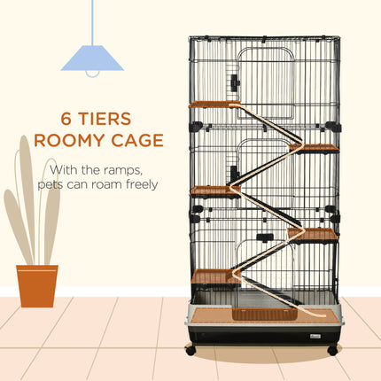 32" 6-Tier Large Small Animal Cage – Rolling Rabbit Hutch & Ferret Habitat – 6-Level Pet Mansion with Slide-Out Tray & Ramps