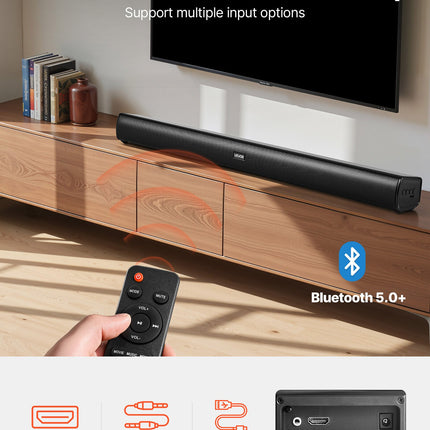 120W Sound Bar for Smart TV – 35-Inch 2.1 Channel System with Built-in Subwoofer – Bluetooth 5.0, Optical & AUX – High-Power Home Theater Surround Sound