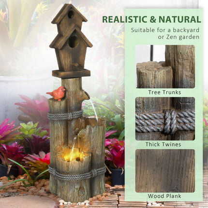 Outdoor Fountain with Birdhouse – 3-Tier Cascading Tree Trunk Waterfall – Rustic Log Design Bird Bath with LED Lights for Garden & Yard