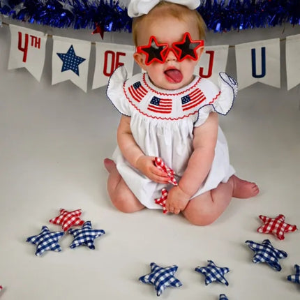 Baby Girl 4th of July Smocked Bubble Romper – American Flag Embroidery Fly Sleeve Bodysuit – Patriotic Summer Outfit