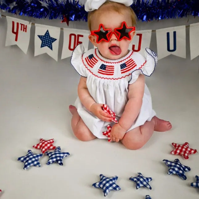 Baby Girl 4th of July Smocked Bubble Romper – American Flag Embroidery Fly Sleeve Bodysuit – Patriotic Summer Outfit