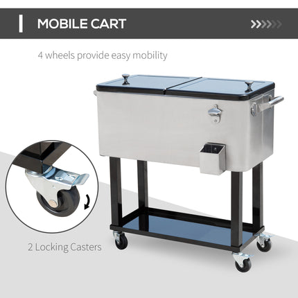 80 QT Rolling Outdoor Cooler Cart – Portable Ice Chest on Wheels – Insulated Drink Bin with Bottle Opener & Storage Shelf – Silver