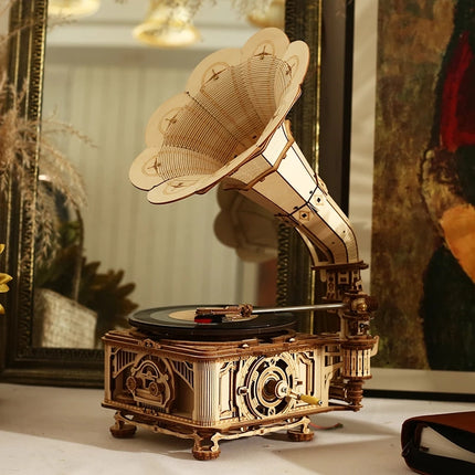 Robotime ROKR DIY Hand-Crank Gramophone – 3D Wooden Puzzle That Actually Plays Music – LKB01 Classic Phonograph Model Kit