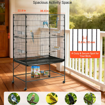 60" Large Wrought Iron Bird Flight Cage with Rolling Stand – Spacious Flight Cage for Cockatiels, African Greys, and Parakeets – Includes Perches & Feeders