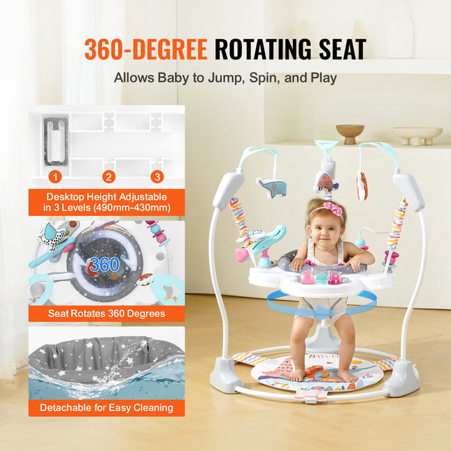 Baby Activity Center & Jumperoo – 360° Rotating Seat with Music & Lights – Adjustable Height Toddler Jumper with Developmental Toys