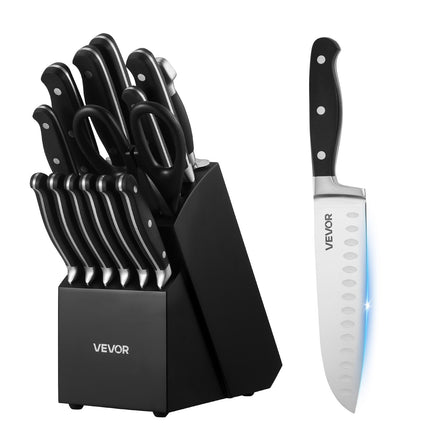 15-Piece Professional Knife Set with Wooden Block – Ultra-Durable Crack-Resistant Handles – High-Carbon Stainless Steel Cutlery
