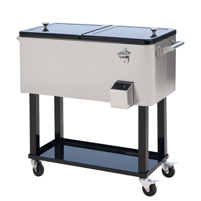 80 QT Rolling Outdoor Cooler Cart – Portable Ice Chest on Wheels – Insulated Drink Bin with Bottle Opener & Storage Shelf – Silver