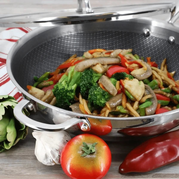 Better Chef™ 12.5-Inch 3-Ply Stainless Steel Wok with Lid – Hybrid Honeycomb Nonstick Stir-Fry Pan – Induction Ready