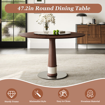 Round Solid Wood Dining Table with Tempered Glass Lazy Susan – Pedestal Base Kitchen Table for Modern Dining Rooms