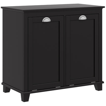 Double Tilt-Out Laundry Hamper Cabinet – 2-Compartment Wooden Laundry Organizer – Black Bathroom Storage Cabinet with Dual Removable Baskets