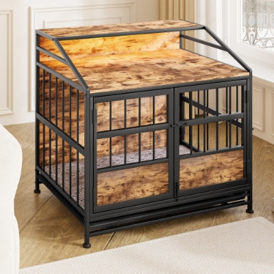Luxury Furniture-Style Dog Crate with Storage Shelves – Large Wooden Pet Kennel with Double Doors – Decorative Dog House & Console Table (Rustic Brown)