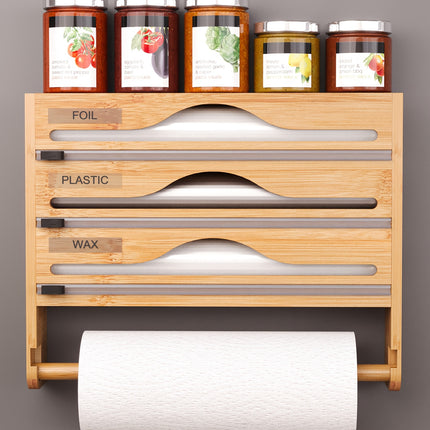 3-in-1 Sustainable Bamboo Cling Film & Foil Dispenser – Wall-Mounted Organizer with Paper Towel Holder