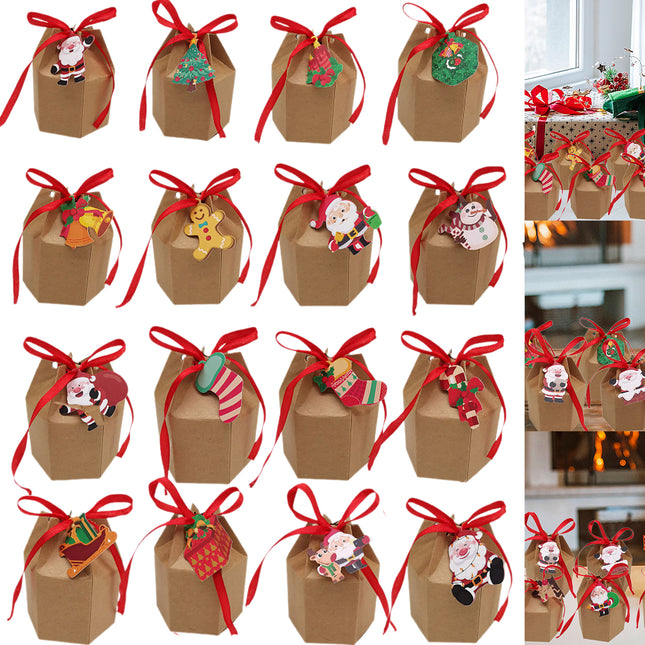 24-Piece Christmas Kraft Treat Boxes – Cookie & Candy Packaging with Greeting Cards & Ribbons – Festive Food Containers for Xmas Party Favors