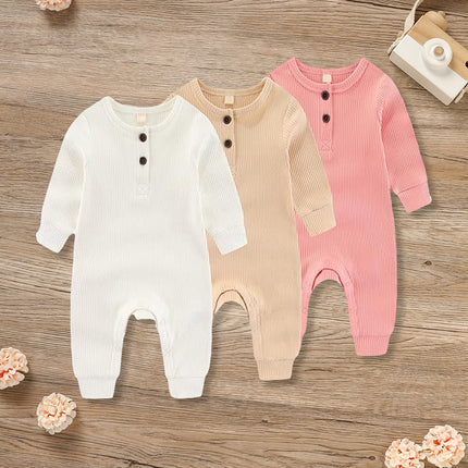 3-Pack Essential Baby Ribbed Rompers – 100% Soft Cotton Long Sleeve Jumpsuits – Unisex Infant Button-Front Bodysuits