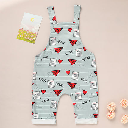 Baby Heart & Paper Plane Print Overalls – Adjustable Strap Cotton Romper – Unisex Spring & Fall Jumpsuit