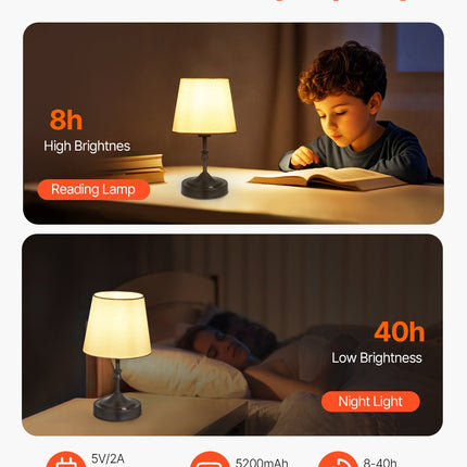 Cordless Black Table Lamp with 5200mAh Rechargeable Battery – Small Desk Lamp with Fabric Shade – 3-Level Brightness for Restaurant & Bedroom