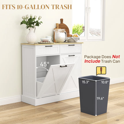 White Farmhouse Tilt-Out Trash Can Cabinet – 10 Gallon Hidden Waste Bin Holder – Modern Wooden Kitchen Island with 2 Storage Drawers