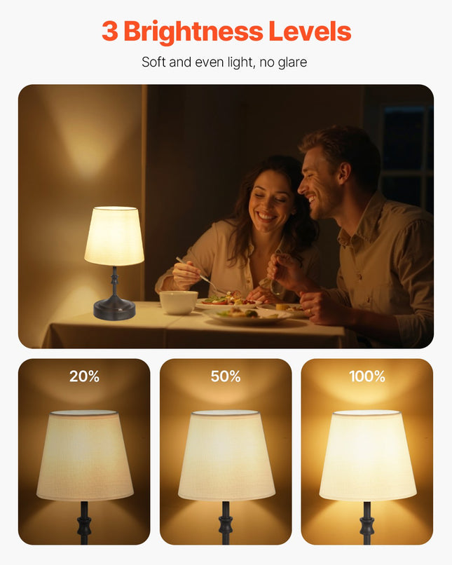 Cordless Black Table Lamp with 5200mAh Rechargeable Battery – Small Desk Lamp with Fabric Shade – 3-Level Brightness for Restaurant & Bedroom