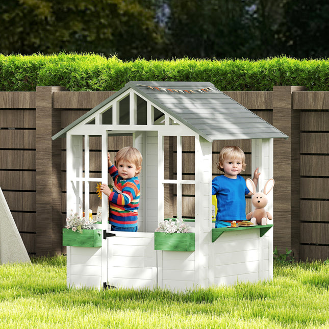 Kids Wooden Outdoor Playhouse – Weather-Resistant Garden Cottage with Flowerpot Holders & Service Station for Creative Backyard Play