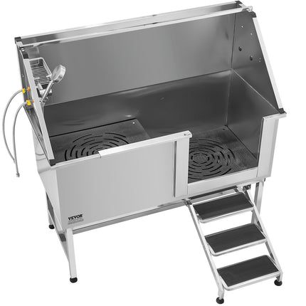 62-Inch Professional Dog Grooming Bath Tub – Heavy Duty Stainless Steel Pet Wash Station – Includes Walk-In Stairs & Water Filtration System