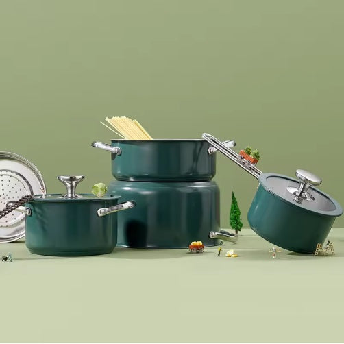 Eco-Friendly Non-Stick Ceramic Pot Set – 9-Piece Professional Induction-Ready Kitchenware with Steamer – Pastel Green