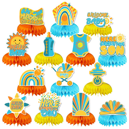 14 Pcs "Here Comes the Son" Baby Shower Centerpieces – Boho Sunshine & Rainbow Honeycomb Table Decor – Gender Reveal & First Birthday Party Supplies