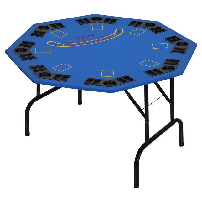 47" Octagon Folding Poker Table – 8-Player Casino Game Table with Professional Blue Felt – Includes Cup Holders & Chip Trays – Portable Blackjack & Hold'em Table