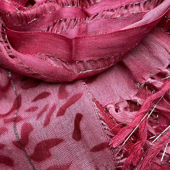 Pink Leopard Print Boho Scarf with Metallic Threads – Soft Viscose Lightweight Wrap for Women's Casual & Evening Outfits