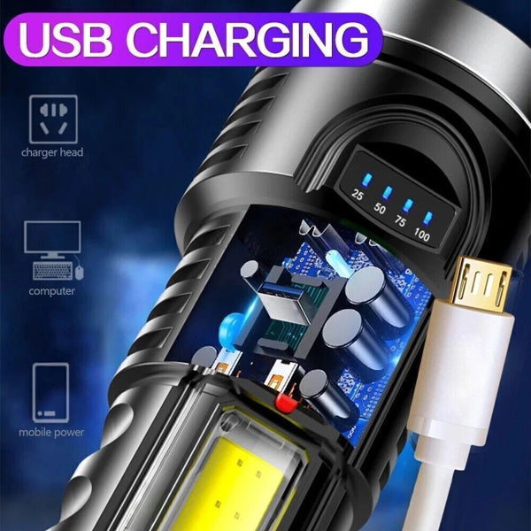 Ultra-Bright Rechargeable LED Flashlight – 4 Lighting Modes with COB Side Light – Portable USB Tactical Torch for Camping, Hiking & Emergency