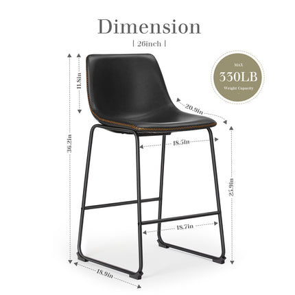 Mid-Century Modern Faux Leather Bar Stools Set of 2 – Padded Bucket Seats & Sturdy Sled Legs – Counter & Bar Height Kitchen Island & Home Bar Seating