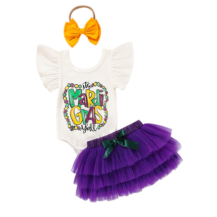 Baby Girl Mardi Gras 3-Piece Outfit Set – Ruffle Sleeve Letter Print Bodysuit, Mesh Tutu Skirt & Headband – Festive Carnival Costume