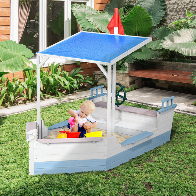 Kids Wooden Sandbox with Cover and Bench Seats – Outdoor Children’s Sand Pit with Foldable Lid – Weather-Resistant Backyard Play Center