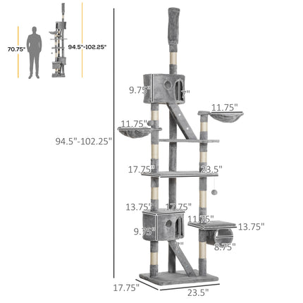 Floor-to-Ceiling Cat Tree Tower – 94.5" to 110.25" Height Adjustable Cat Climbing Post – Space-Saving Multi-Level Condo with Hammock & Scratching Posts