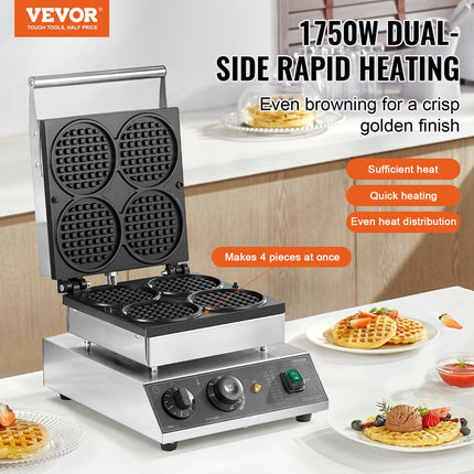 4-Piece Commercial Round Waffle Maker – 1750W High Power Electric Waffle Iron – Professional Non-Stick Baker for Restaurant