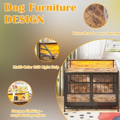 Luxury Furniture-Style Dog Crate with Storage Shelves – Large Wooden Pet Kennel with Double Doors – Decorative Dog House & Console Table (Rustic Brown)