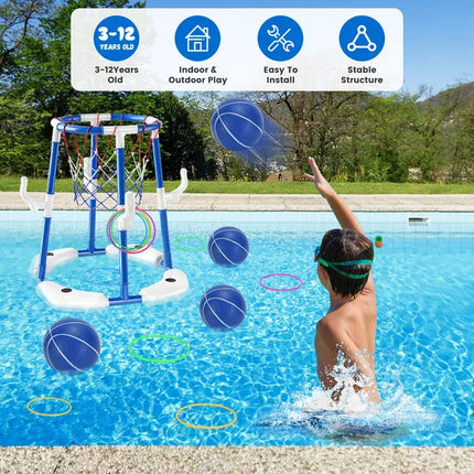 3-in-1 Floating Pool Basketball Hoop Set – Includes 4 Balls, 4 Toss Rings & Pump – Water Sport Games for Kids & Adults – Summer Pool Toy