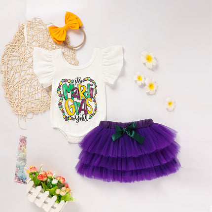 Baby Girl 3-Piece Tutu Set – Letter Print Onesie, Elastic Tulle Skirt & Bow Headband – Adorable First Birthday & Party Outfit