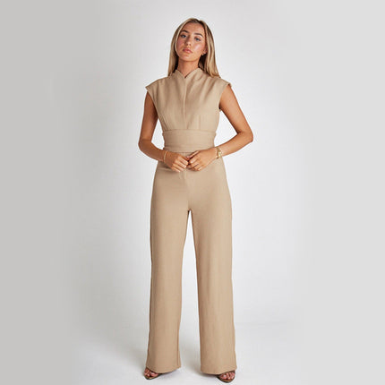 Women's Sleeveless V-Neck Jumpsuit with High Waist and Straight Legs