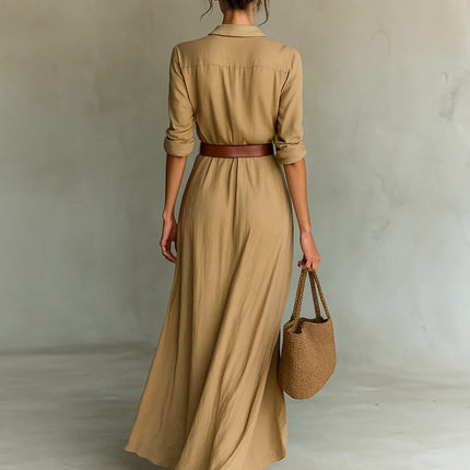 Women's Asymmetric Belted Shirt Dress – Elegant Button-Down Long Sleeve Midi Dress for Office Commuting & Chic Outfits