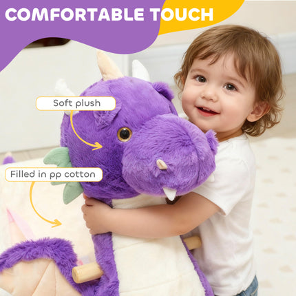Purple dragon toddler rocker with plush covering and curved wooden rails