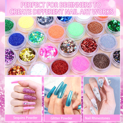 Ultimate 50-in-1 Nail Art Collection – Professional UV Light, Acrylic Powders & 3D Decoration Kit