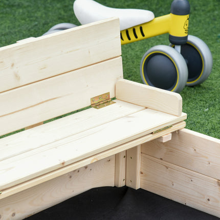 Kids Wooden Sandbox with 2 Storage Boxes – Foldable Bench Seats & Waterproof Cover – Outdoor Sandpit with Bottom Liner – Premium Backyard Playset