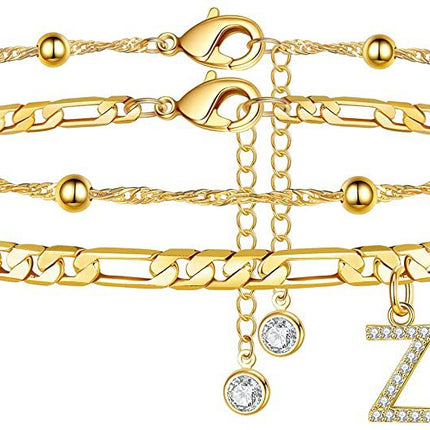 Gold-plated anklet with artificial gem-inlaid initial design