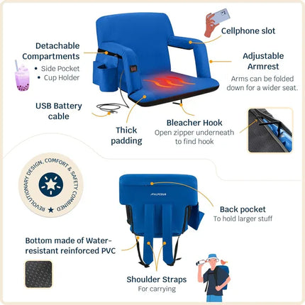 Heated Reclining Stadium Seat with Back Support – Extra Wide Portable Bleacher Chair for Outdoor Sports Games & Camping