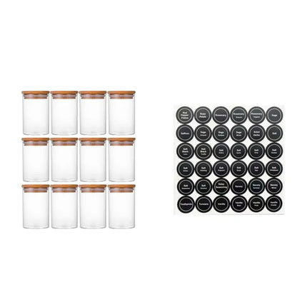 12-Piece Round Glass Spice Jar Set with Airtight Bamboo Lids – Elegant Kitchen Storage Trio for Herbs, Spices & Tea