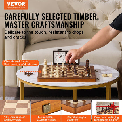 VEVOR 15" Magnetic Wooden Chess Set – 2-in-1 Chess & Checkers Combo – Folding Board with Storage Slots – Includes 2 Extra Queens – Professional Travel Set for Kids & Adults
