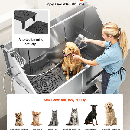 62-Inch Professional Dog Grooming Bath Tub – Heavy Duty Stainless Steel Pet Wash Station – Includes Walk-In Stairs & Water Filtration System