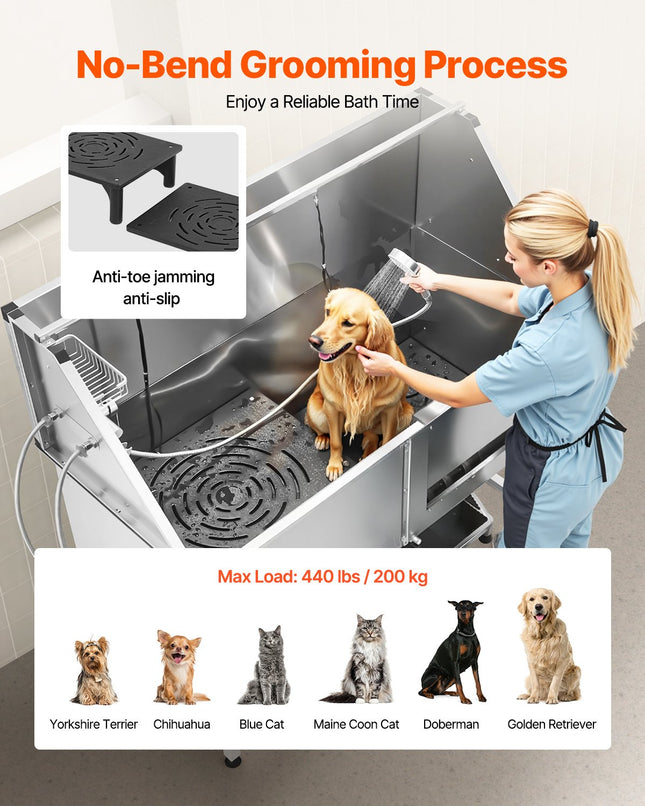 62-Inch Professional Dog Grooming Bath Tub – Heavy Duty Stainless Steel Pet Wash Station – Includes Walk-In Stairs & Water Filtration System